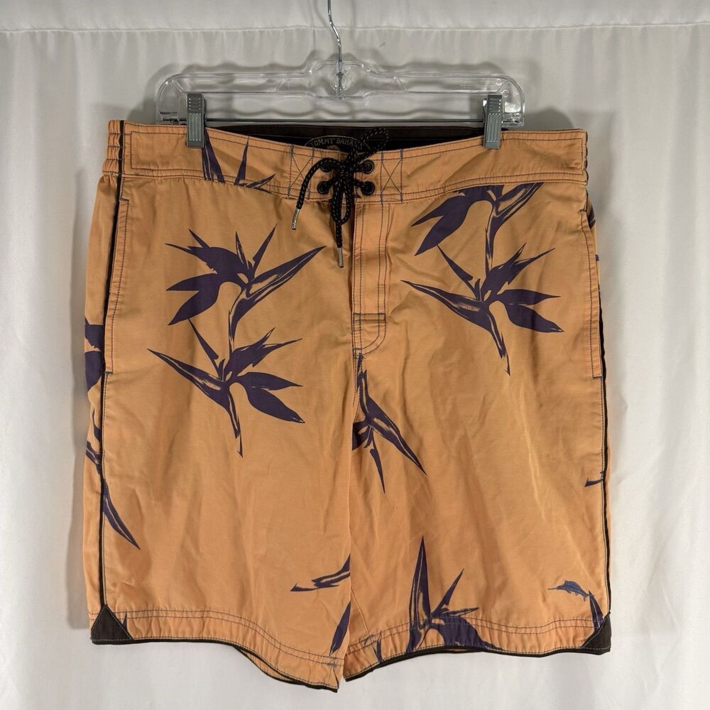 Tommy Bahama Swim Trunks Men's Large Yellow Hawaiian Mesh Lined Drawstring 9" In